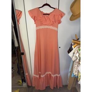 Vintage Coral Ruffled Maxi Dress with Lace Trim